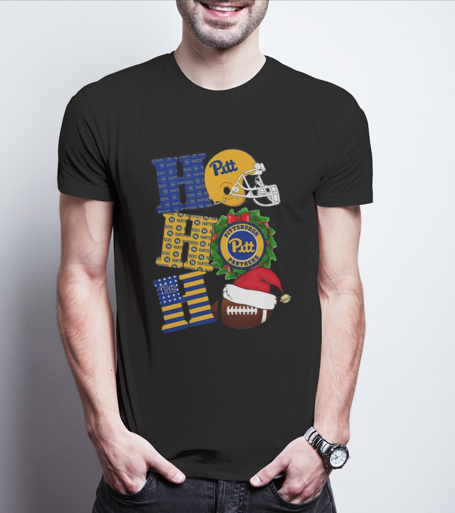 Pitt Panthers Christmas Helmet Wreath Football Ho Ho Ho T-Shirt