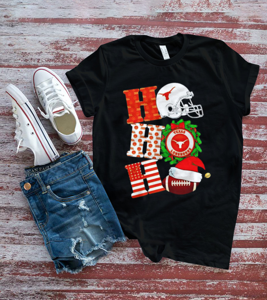 Texas Longhorns Ho Ho Ho Christmas Football Helmet Wreath Santa Hat T-Shirt