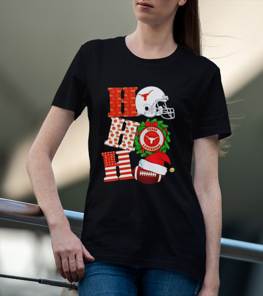 Texas Longhorns Ho Ho Ho Christmas Football Helmet Wreath Santa Hat T-Shirt