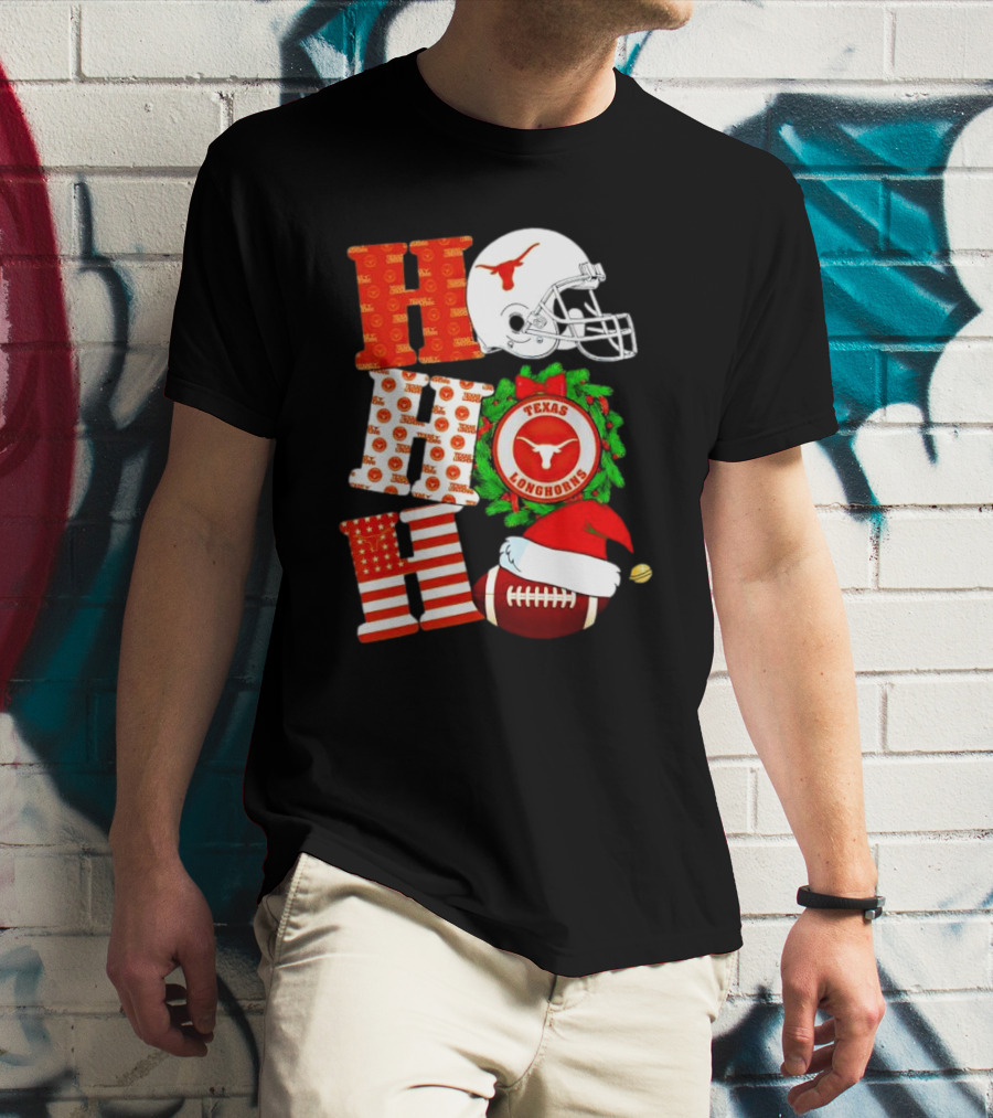 Texas Longhorns Ho Ho Ho Christmas Football Helmet Wreath Santa Hat T-Shirt