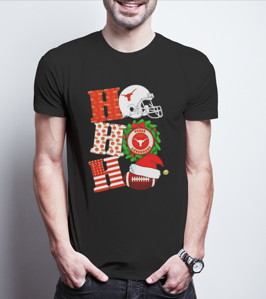 Texas Longhorns Ho Ho Ho Christmas Football Helmet Wreath Santa Hat T-Shirt