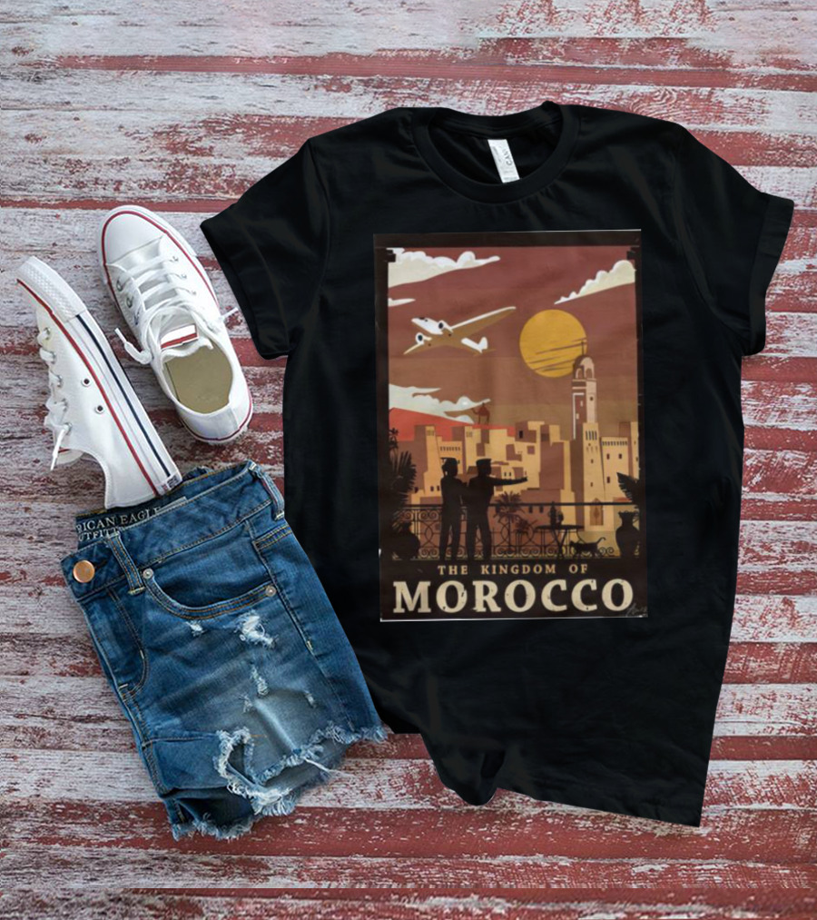 The Kingdom Of Morocco Skyline View With Airplane And Sunset Scene T-Shirt