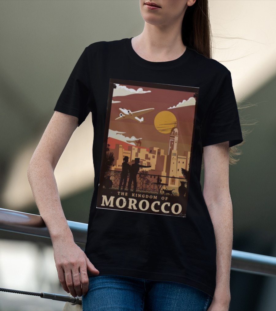 The Kingdom Of Morocco Skyline View With Airplane And Sunset Scene T-Shirt
