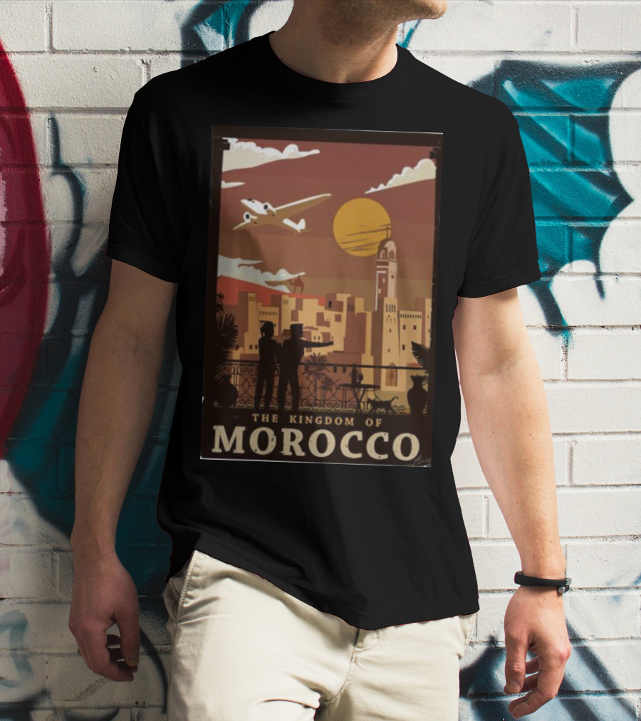 The Kingdom Of Morocco Skyline View With Airplane And Sunset Scene T-Shirt