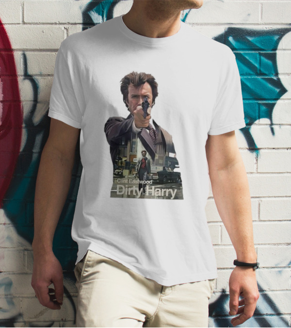 Clint Eastwood Dirty Harry Iconic Movie Scene With Gun And Urban Background T-Shirt
