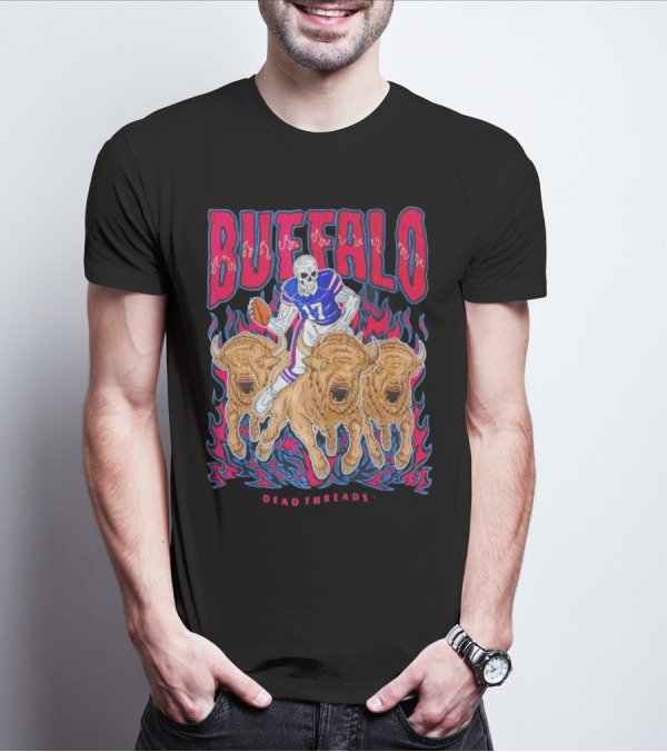 Buffalo Football Dead Threads Skeleton Quarterback Riding Buffalos T-Shirt