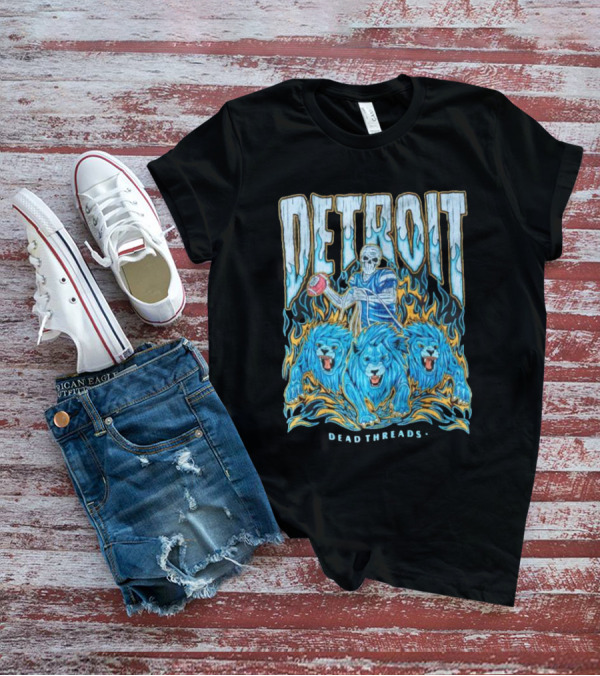 Detroit Dead Threads Football Skeleton And Blue Lions T-Shirt