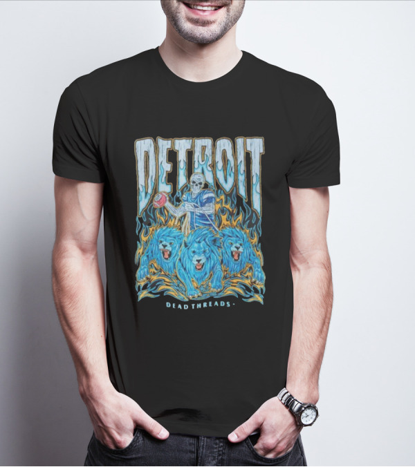 Detroit Dead Threads Football Skeleton And Blue Lions T-Shirt