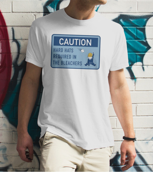 Caution: Hard Hats Required In The Bleachers With Cartoon Worker And Falling Object T-Shirt