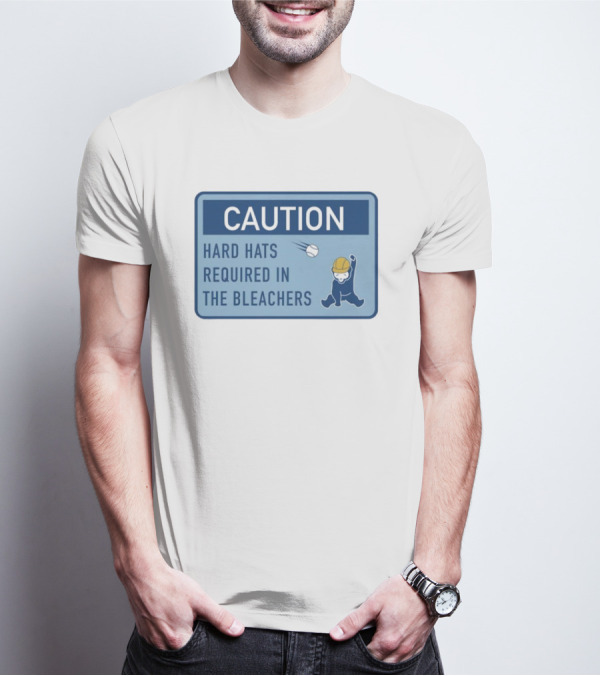 Caution: Hard Hats Required In The Bleachers With Cartoon Worker And Falling Object T-Shirt