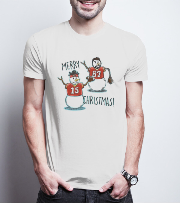 Merry Christmas Mahomes Snowman 15 And 87 Kansas City Football Chiefsmas T-Shirt