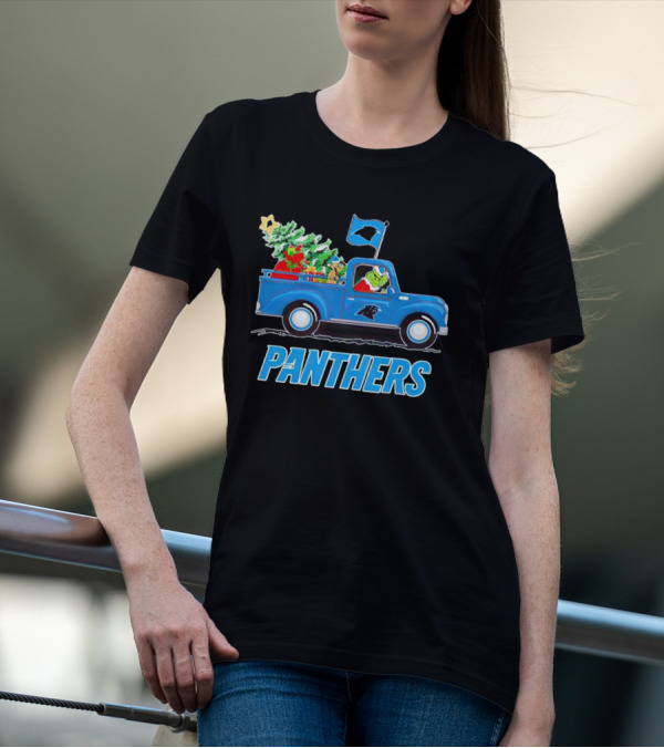 Grinch In Blue Christmas Truck With Carolina Panthers Logo And Tree T-Shirt