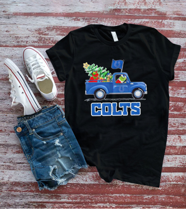 Grinch Driving Christmas Truck With Indianapolis Colts Logo And Tree T-Shirt