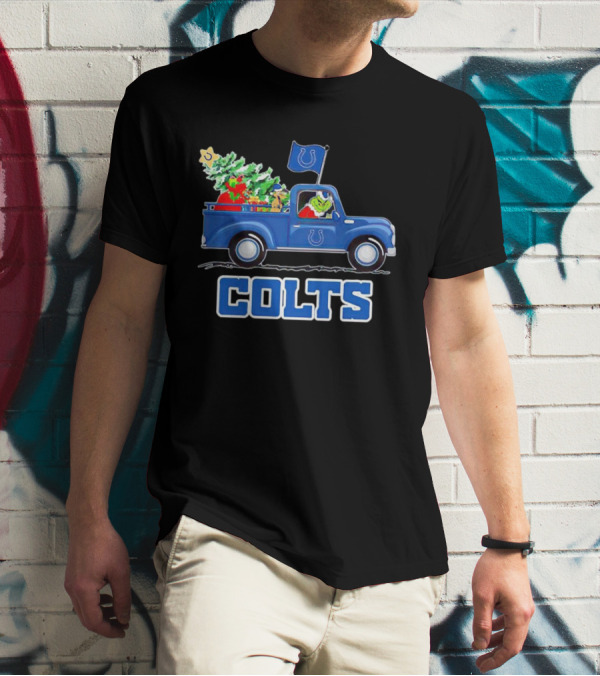 Grinch Driving Christmas Truck With Indianapolis Colts Logo And Tree T-Shirt