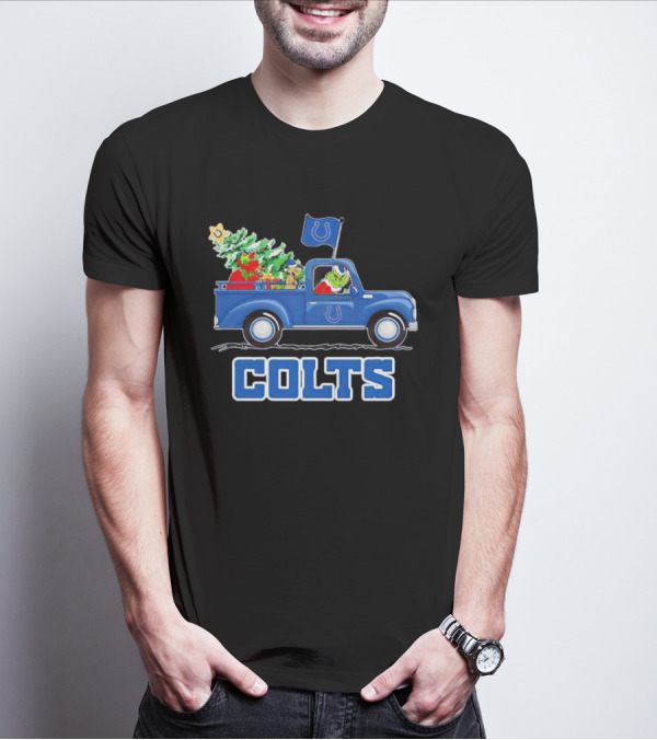 Grinch Driving Christmas Truck With Indianapolis Colts Logo And Tree T-Shirt