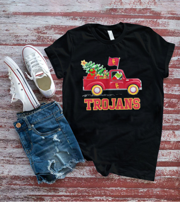 Grinch Driving Red Truck With Christmas Tree USC Trojans T-Shirt