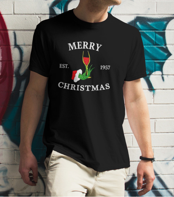 Merry Christmas Grinch Hand Wine Glass Est 1957 T-Shirt