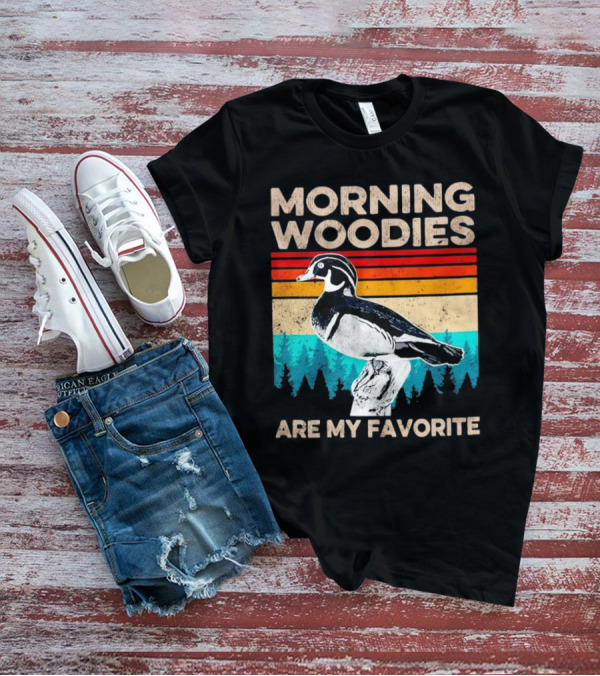 Morning Woodies Are My Favorite Vintage Duck Silhouette Retro Stripes Forest Pines T-Shirt