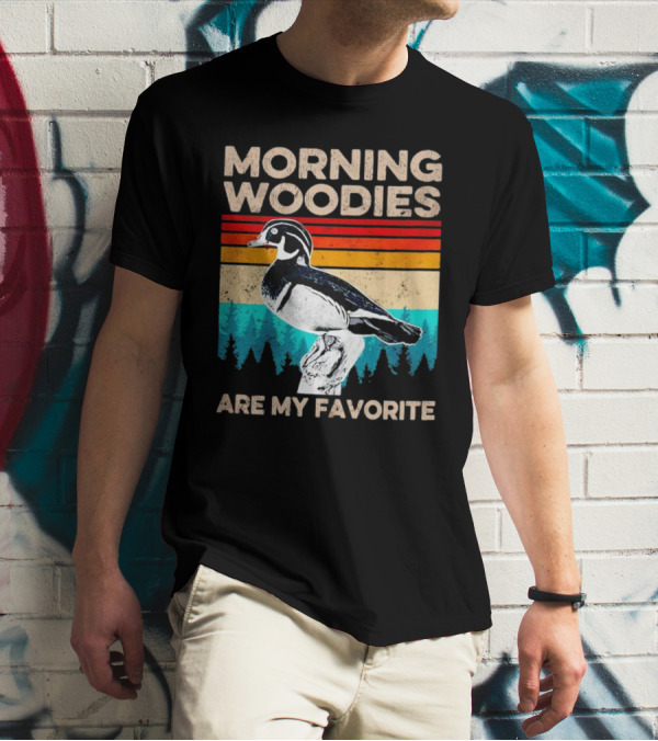 Morning Woodies Are My Favorite Vintage Duck Silhouette Retro Stripes Forest Pines T-Shirt