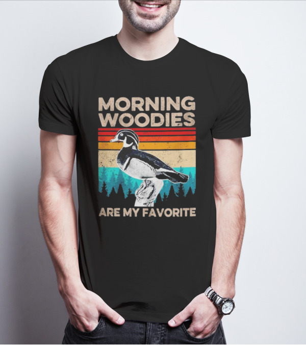 Morning Woodies Are My Favorite Vintage Duck Silhouette Retro Stripes Forest Pines T-Shirt
