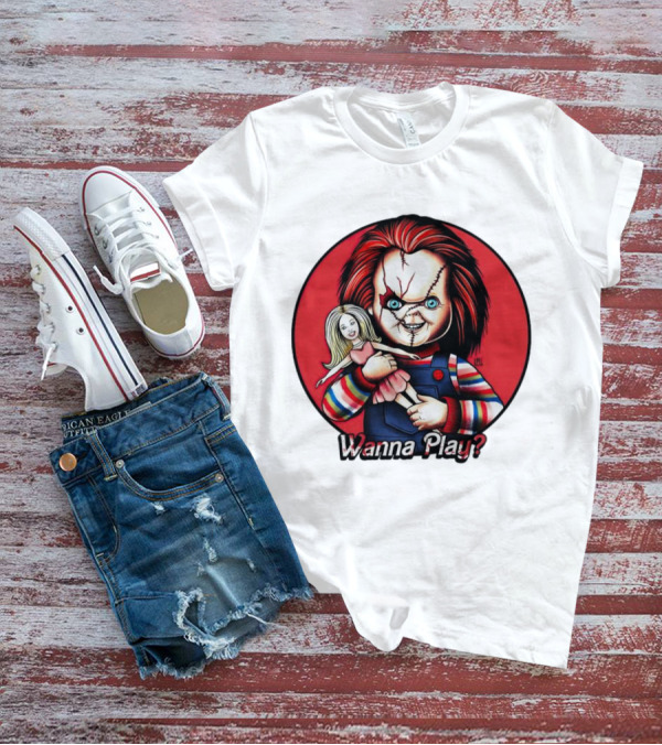 Chucky Holding Doll With Wanna Play? Text In Red Circle T-Shirt