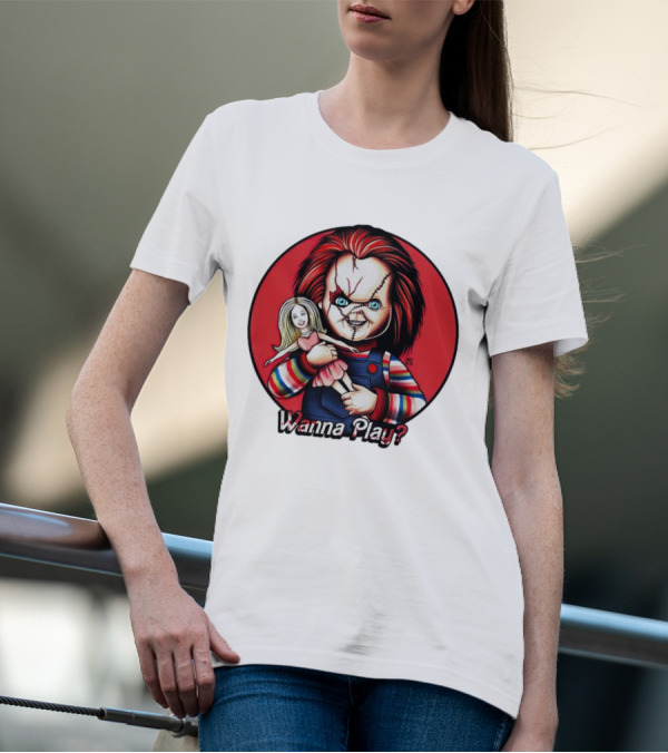 Chucky Holding Doll With Wanna Play? Text In Red Circle T-Shirt