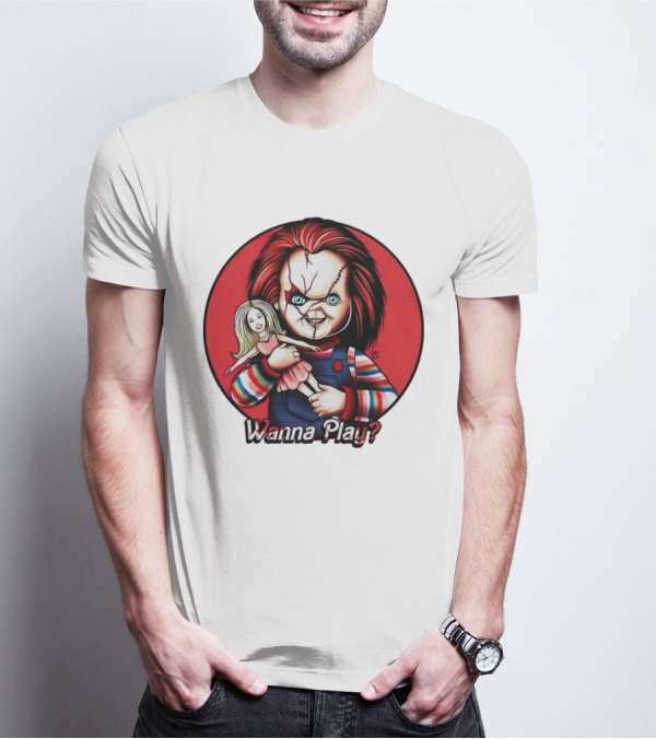 Chucky Holding Doll With Wanna Play? Text In Red Circle T-Shirt