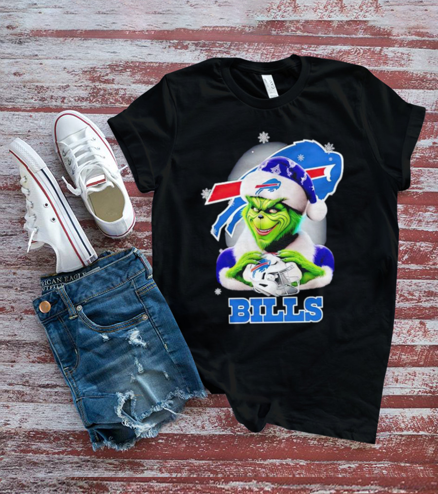 Grinch Love Buffalo Bills Christmas Santa Hat Snowflakes T-Shirt