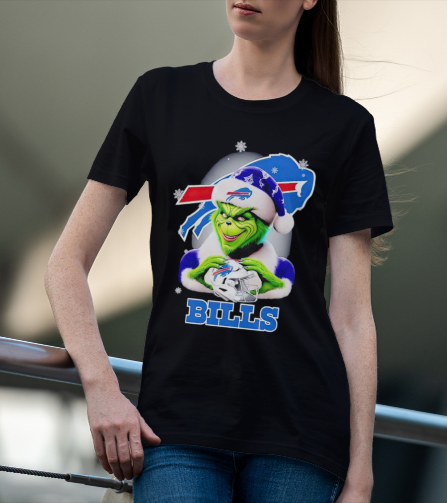Grinch Love Buffalo Bills Christmas Santa Hat Snowflakes T-Shirt