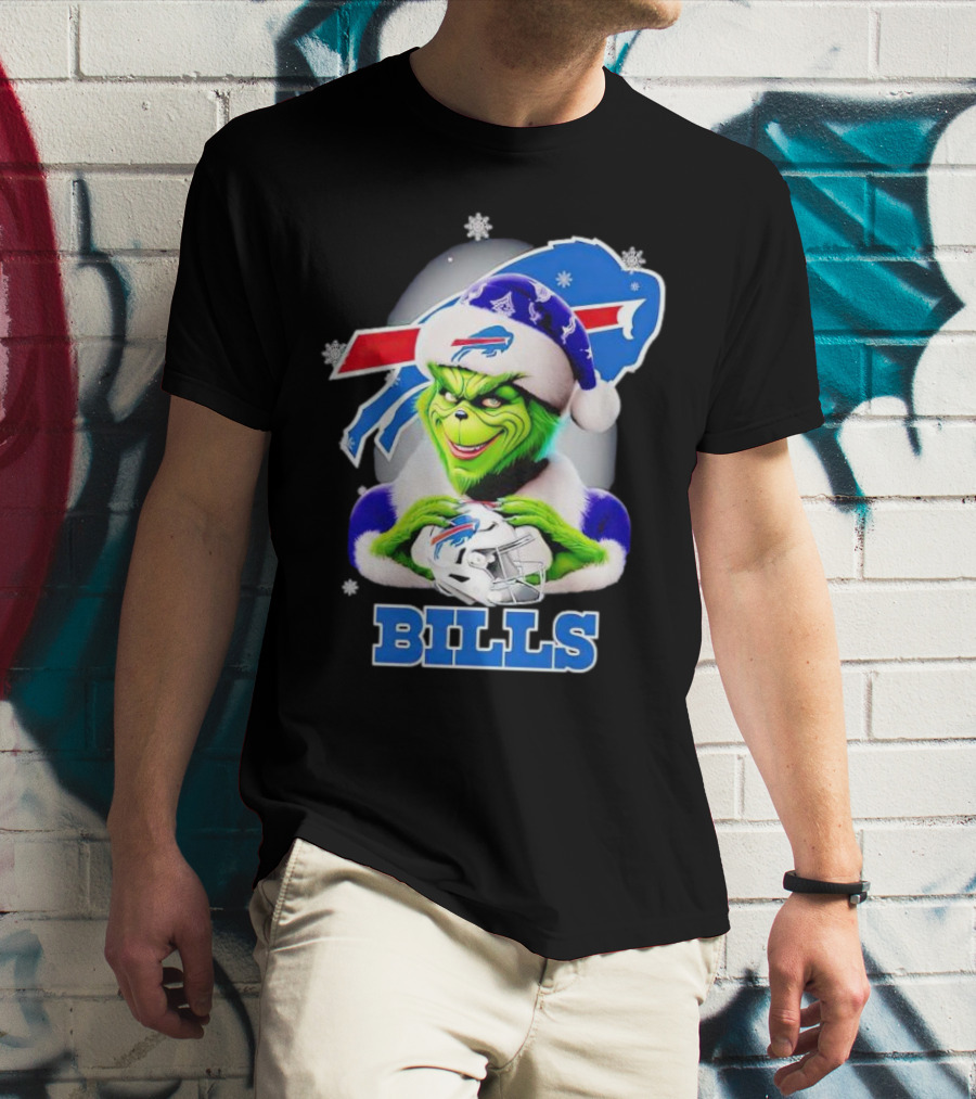 Grinch Love Buffalo Bills Christmas Santa Hat Snowflakes T-Shirt