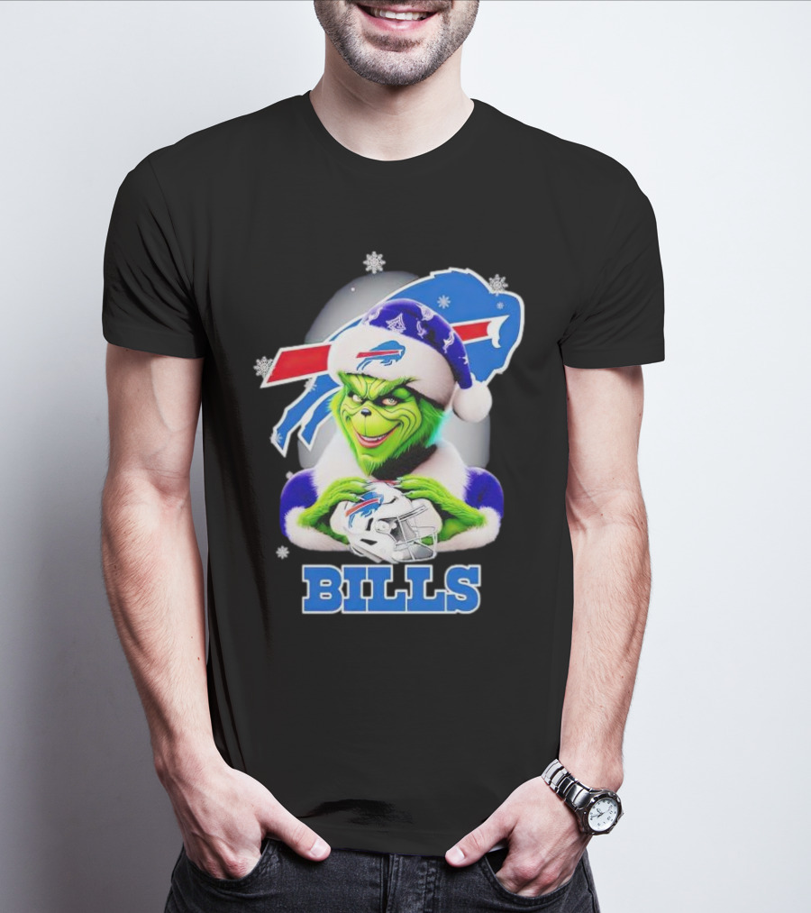 Grinch Love Buffalo Bills Christmas Santa Hat Snowflakes T-Shirt