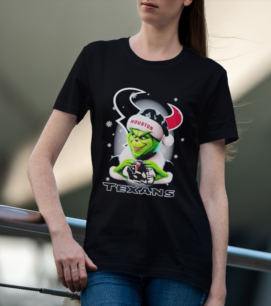 Grinch Houston Texans Christmas Football Holiday Snowflakes T-Shirt