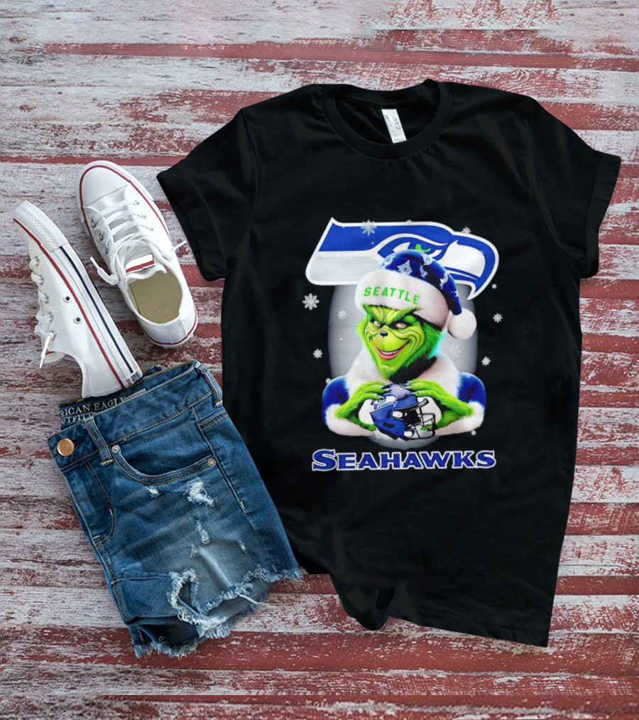 Seattle Seahawks Christmas Grinch Holding Football Helmet T-Shirt
