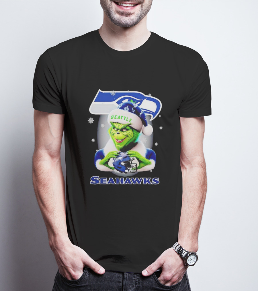 Seattle Seahawks Christmas Grinch Holding Football Helmet T-Shirt
