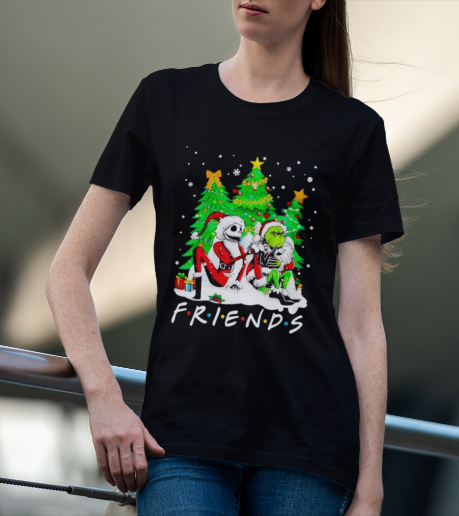 Friends Jack Skellington And Grinch Christmas Scene With Santa Outfits And Christmas Trees T-Shirt