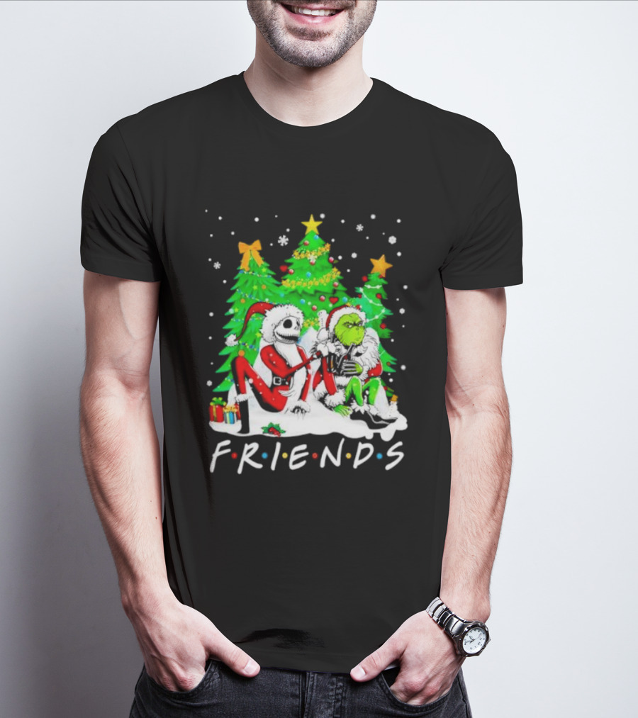 Friends Jack Skellington And Grinch Christmas Scene With Santa Outfits And Christmas Trees T-Shirt