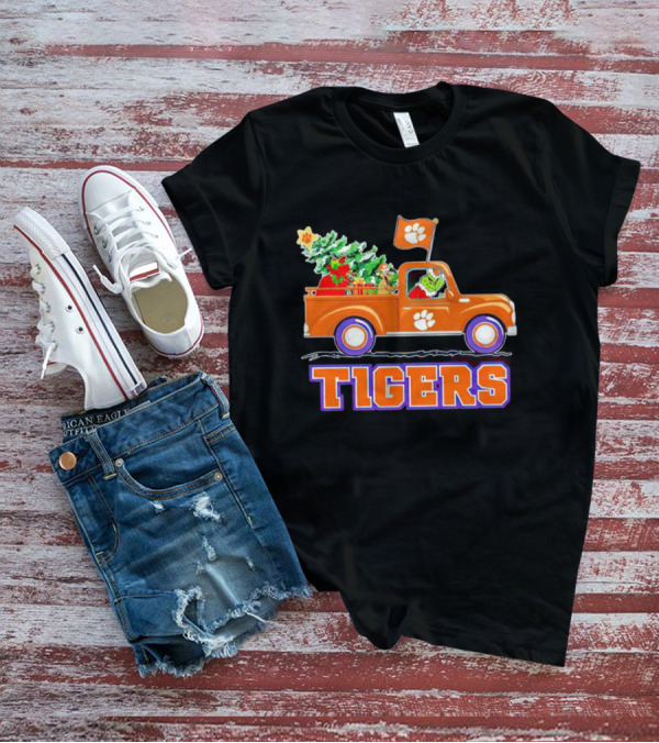 Grinch Driving Orange Christmas Truck With Clemson Tigers Flag And Tree T-Shirt