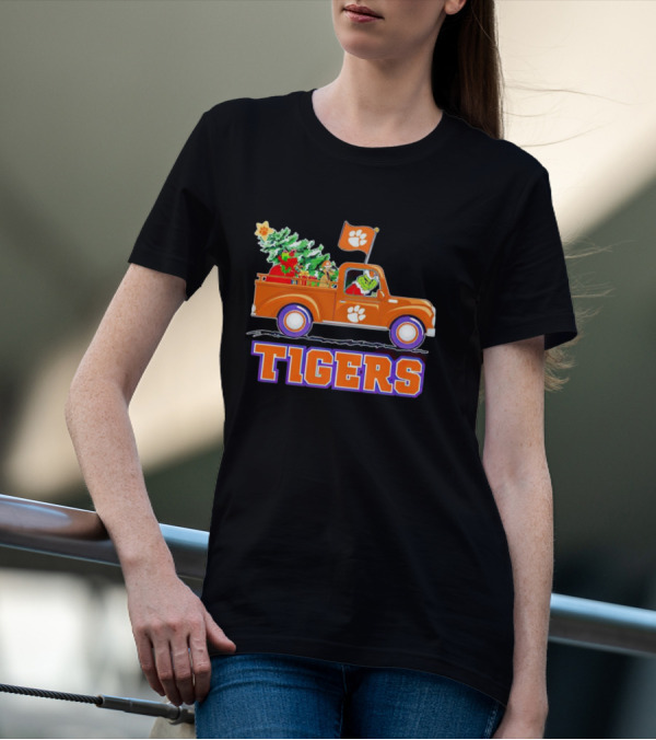 Grinch Driving Orange Christmas Truck With Clemson Tigers Flag And Tree T-Shirt