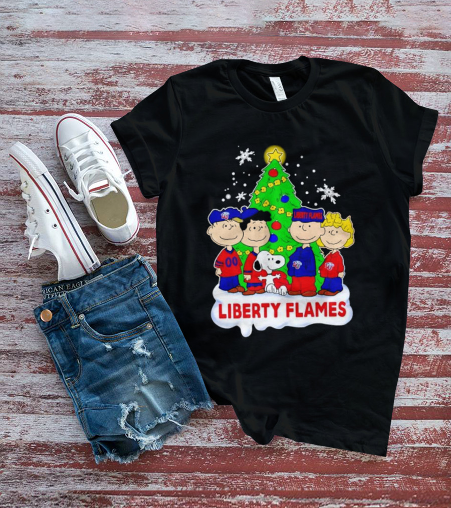 Liberty Flames Peanuts Characters Christmas Tree Snoopy Charlie Brown T-Shirt
