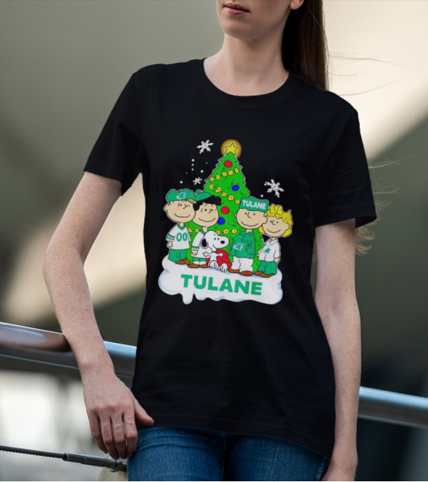 Peanuts Characters Tulane Green Wave Christmas Tree Snoopy Snowflakes T-Shirt