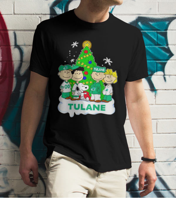 Peanuts Characters Tulane Green Wave Christmas Tree Snoopy Snowflakes T-Shirt