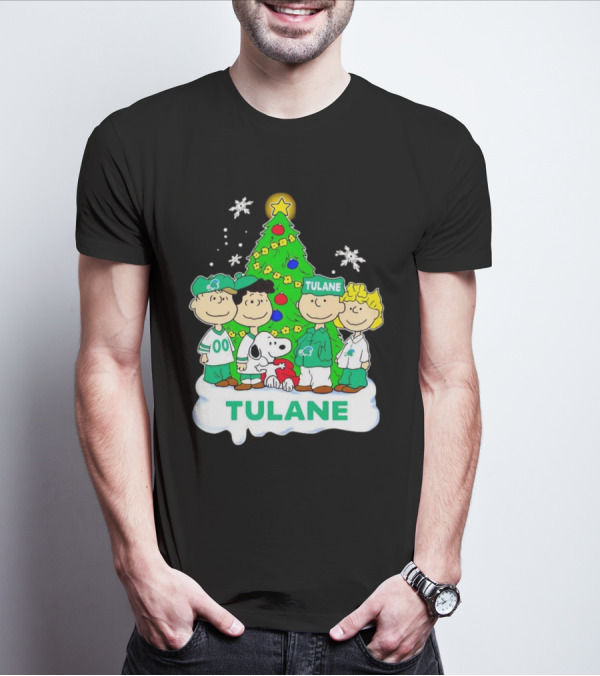 Peanuts Characters Tulane Green Wave Christmas Tree Snoopy Snowflakes T-Shirt