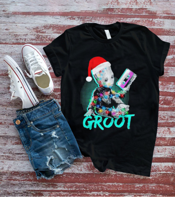 Santa Baby Groot With Cassette Tape And Holiday Lights T-Shirt