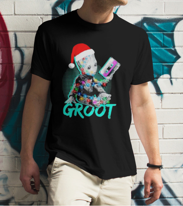 Santa Baby Groot With Cassette Tape And Holiday Lights T-Shirt