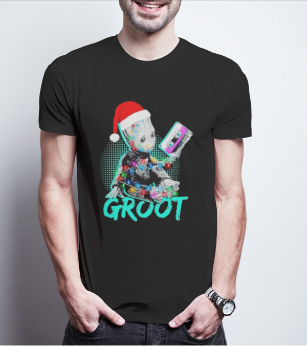 Santa Baby Groot With Cassette Tape And Holiday Lights T-Shirt