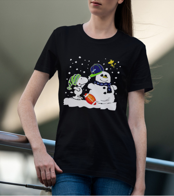 Seattle Seahawks Snoopy Snowman Hat Winter Football Scene T-Shirt
