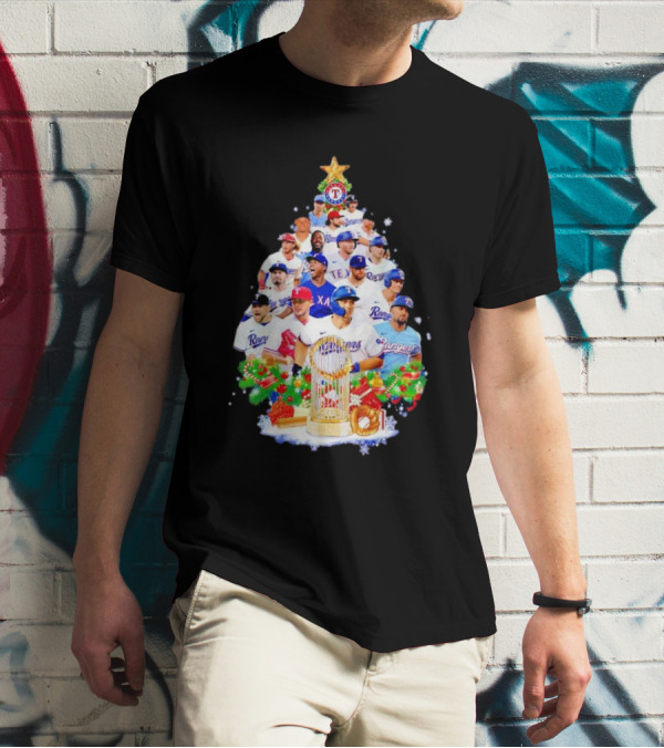 Texas Rangers Players Christmas Tree With Trophy And Ornaments T-Shirt