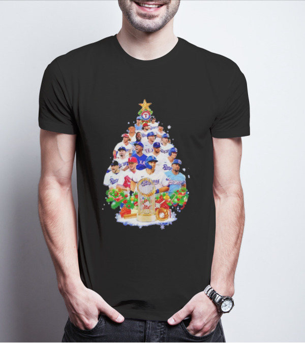 Texas Rangers Players Christmas Tree With Trophy And Ornaments T-Shirt