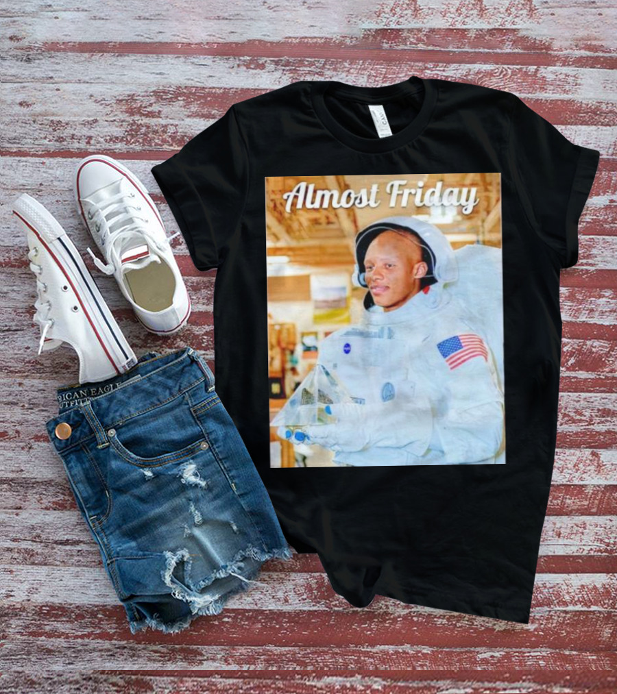 Almost Friday Astronaut Holding Crystal Model In NASA Spacesuit With American Flag Patch T-Shirt