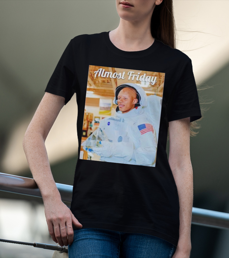 Almost Friday Astronaut Holding Crystal Model In NASA Spacesuit With American Flag Patch T-Shirt